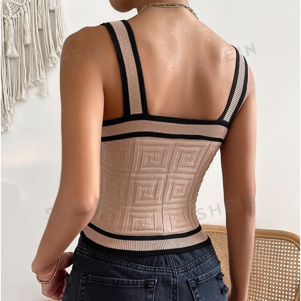 Small Mocha Brown and Black Knitted Sleeveless Cardigan Edge Trim Front Pockets - Picture 5 of 6